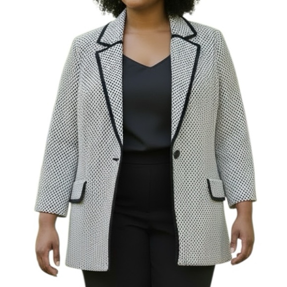 NEW Kasper Trimmed Geometric Pattern Blazer Black Ivory Women’s 20W